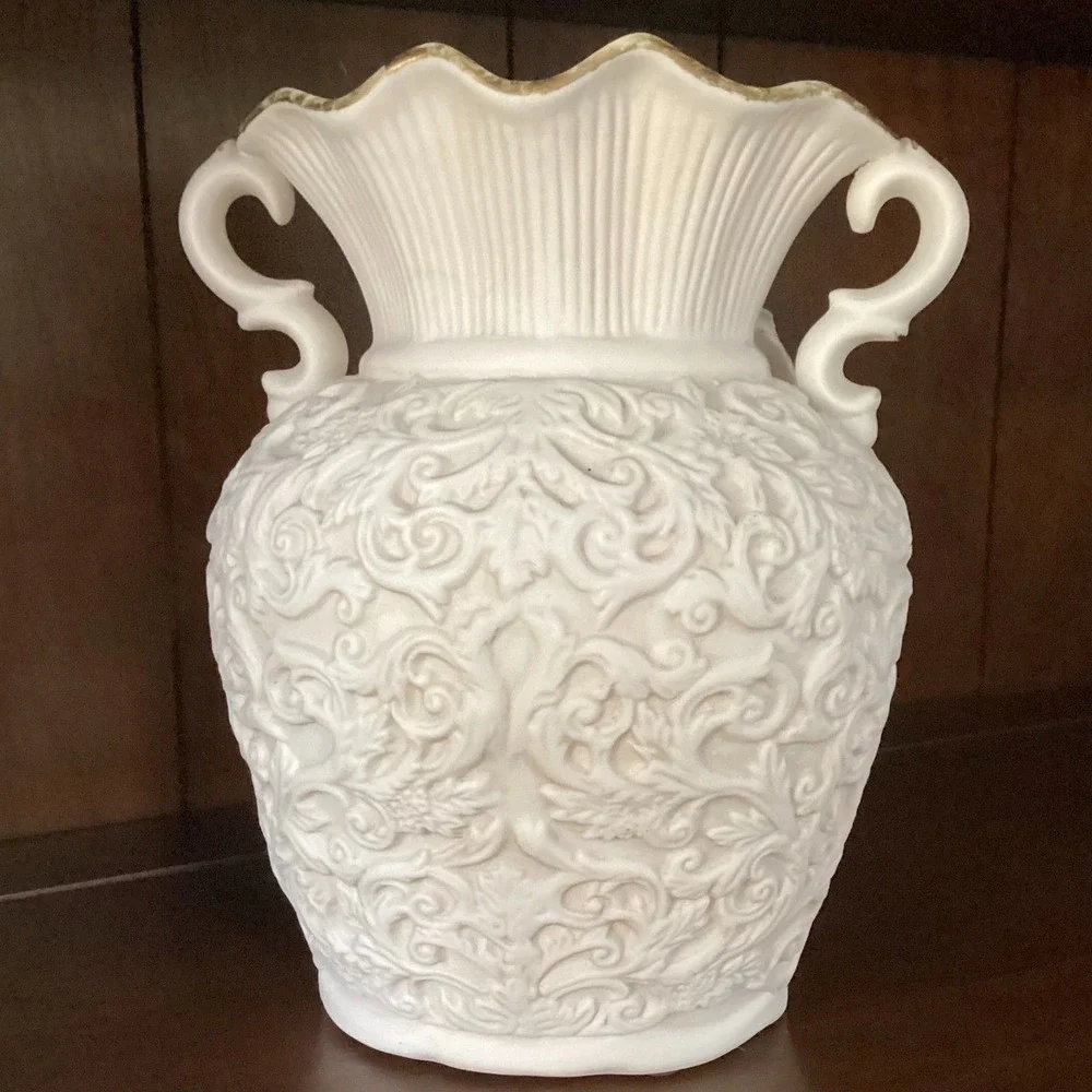 Vintage White Ceramic Rose Embossed Decorative‎ Vase with Handles